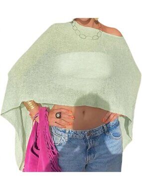 Women's Green Sheer Poncho Top Knit Crochet Lightweight See Through Shawl